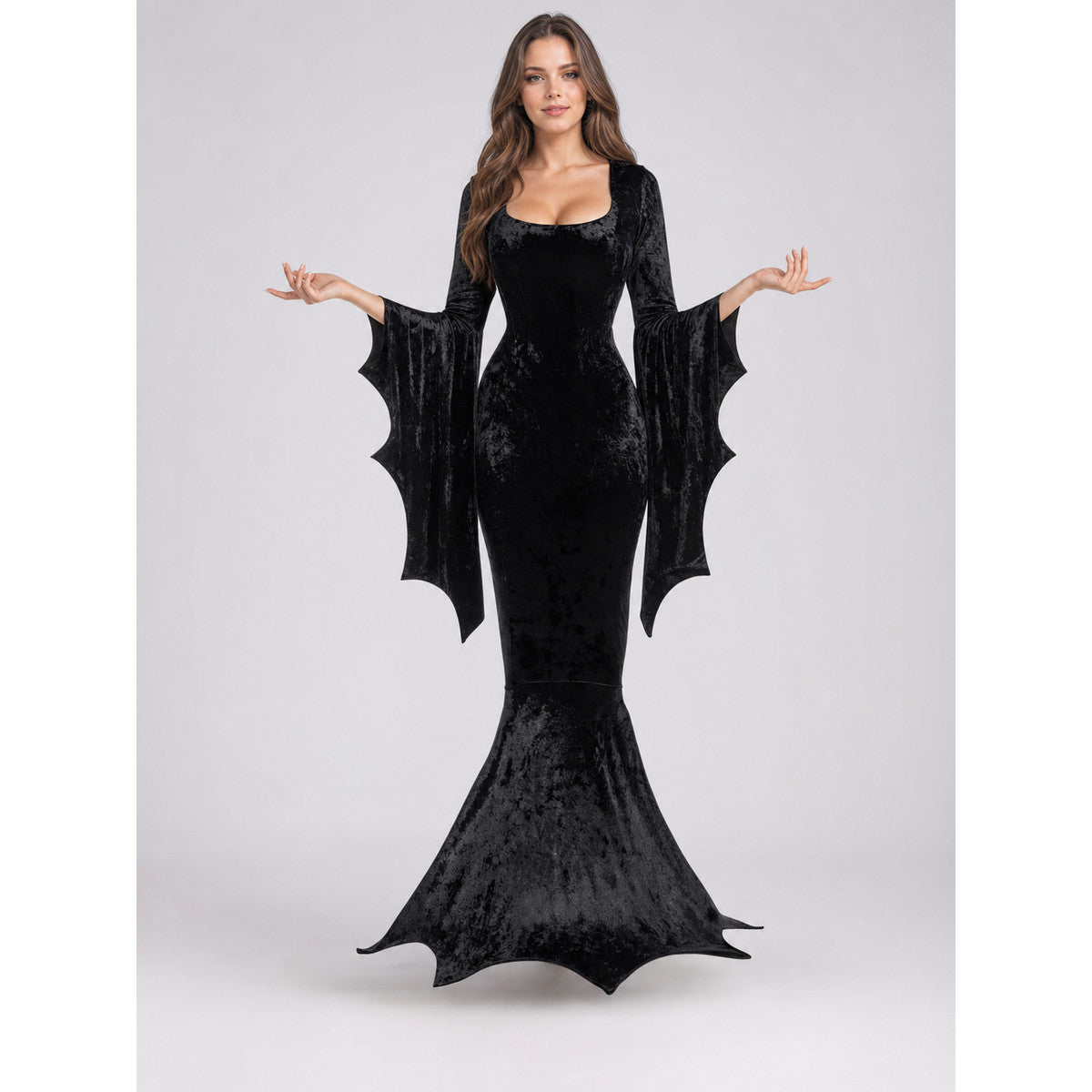 Gothic black carnival dress with batwing sleeves on-model view