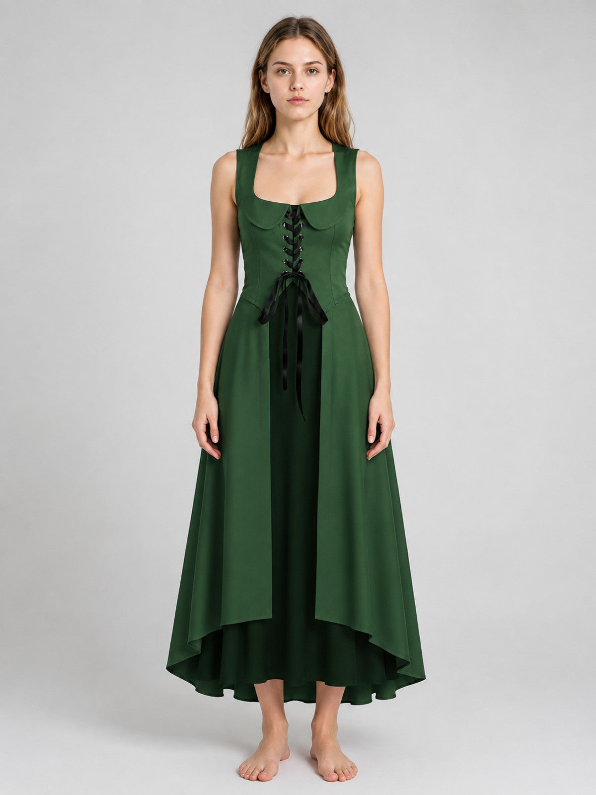 Dark Green Lace-Up Cosplay Dress on-model view