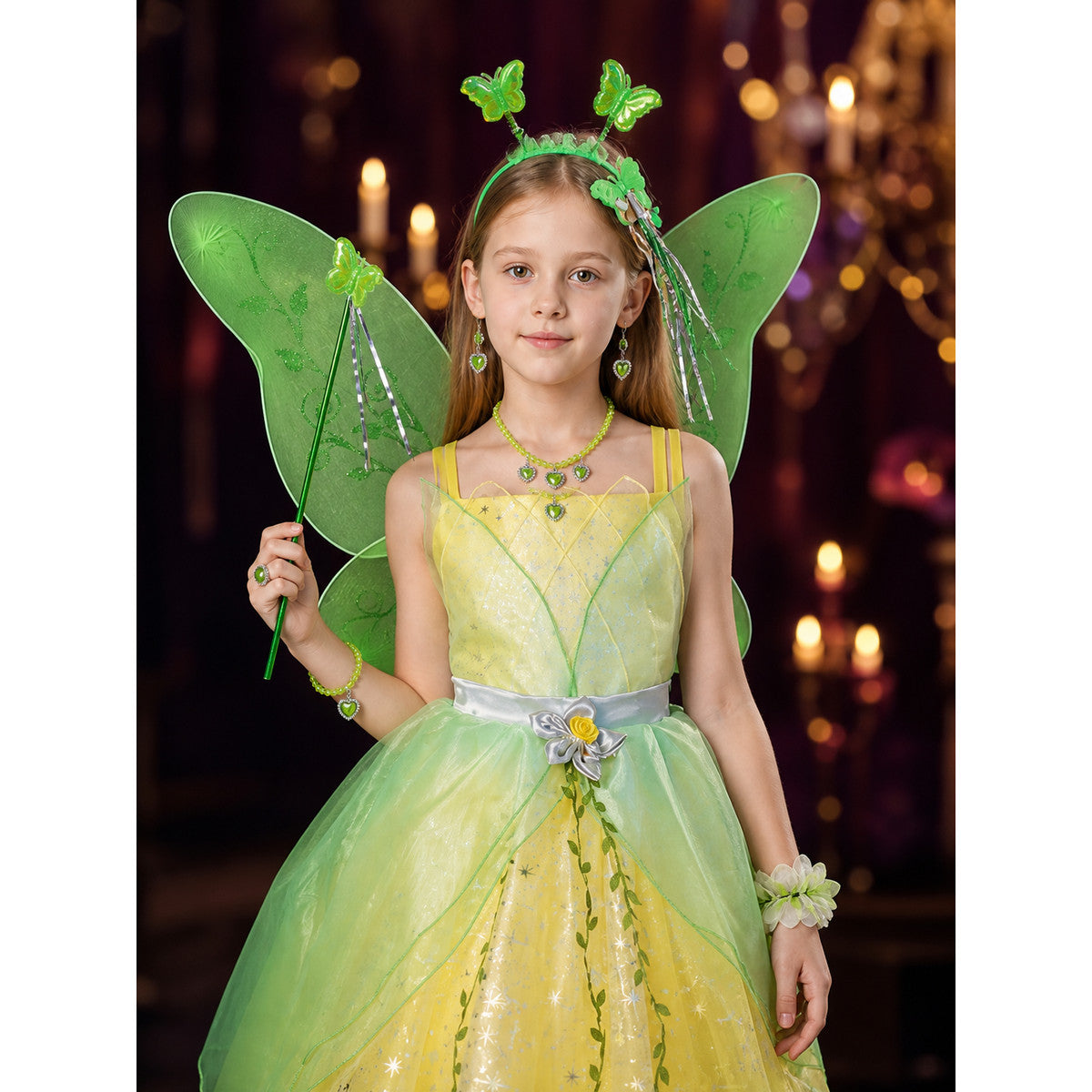 Girls Green Fairy Princess Costume Set with Tulle Dress, Butterfly Wings, Magic