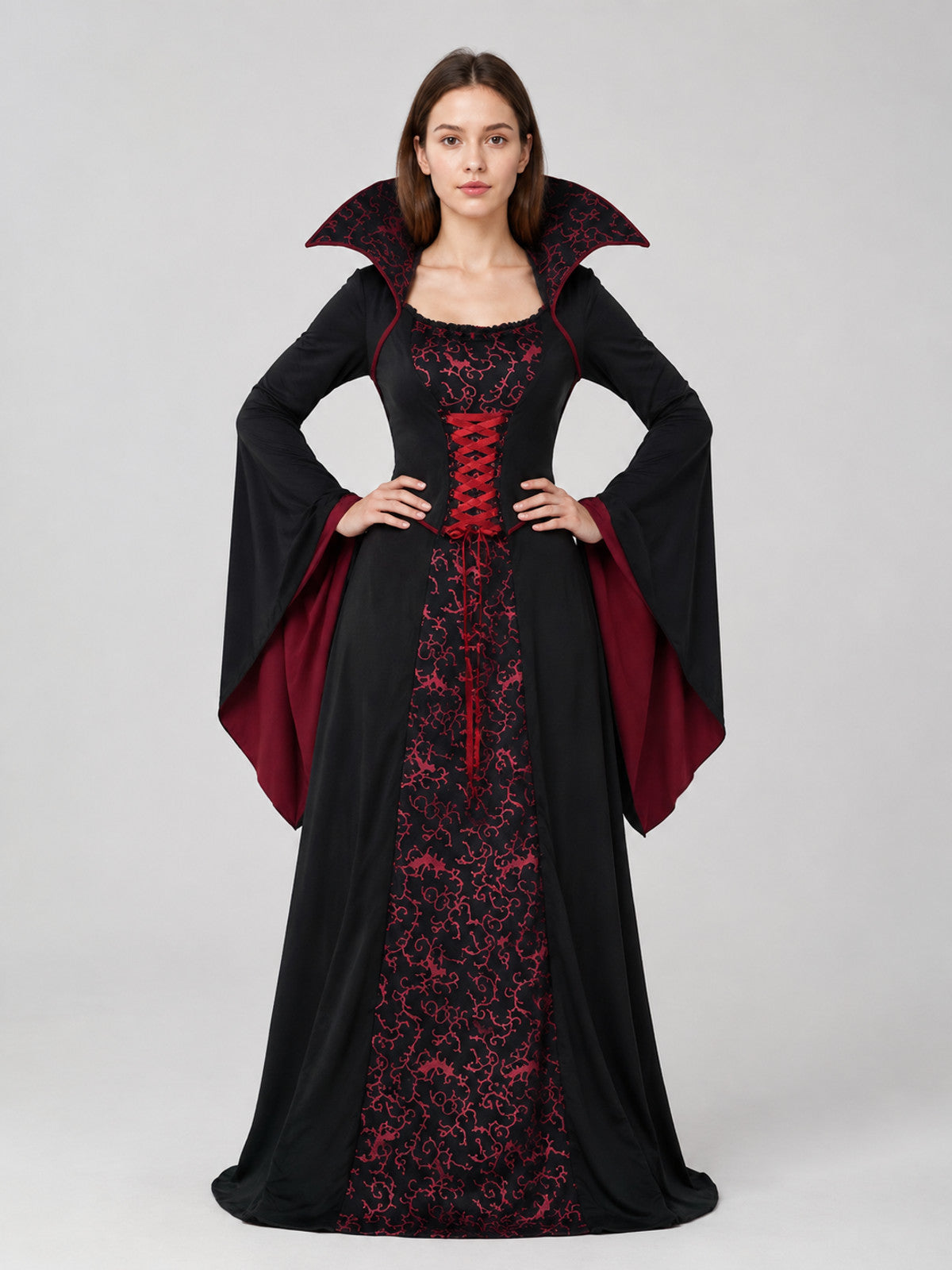 Floor-Length Gothic Dress with Red Pattern on-model view