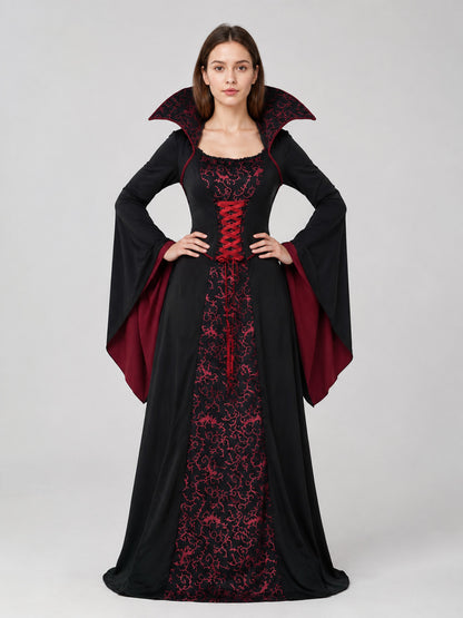Floor-Length Gothic Dress with Red Pattern on-model view