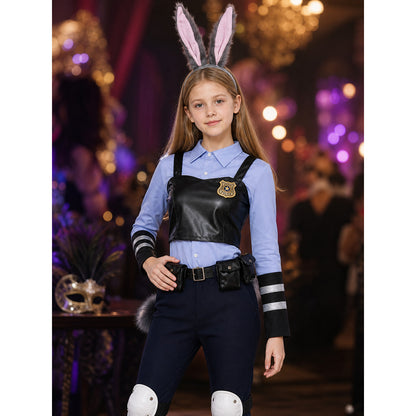 Kids Rabbit Police Officer Costume Set Complete With Headband, Badge, And Tail on-model view