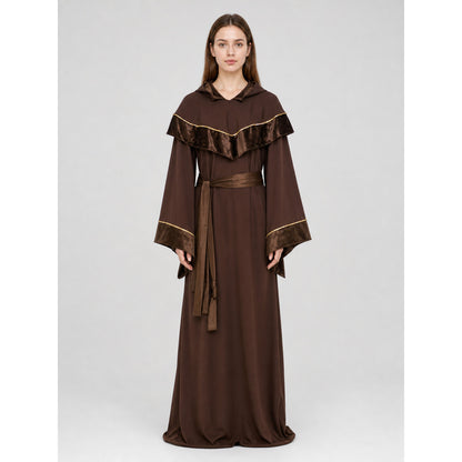 Medieval-style wizard costume with hood on-model view