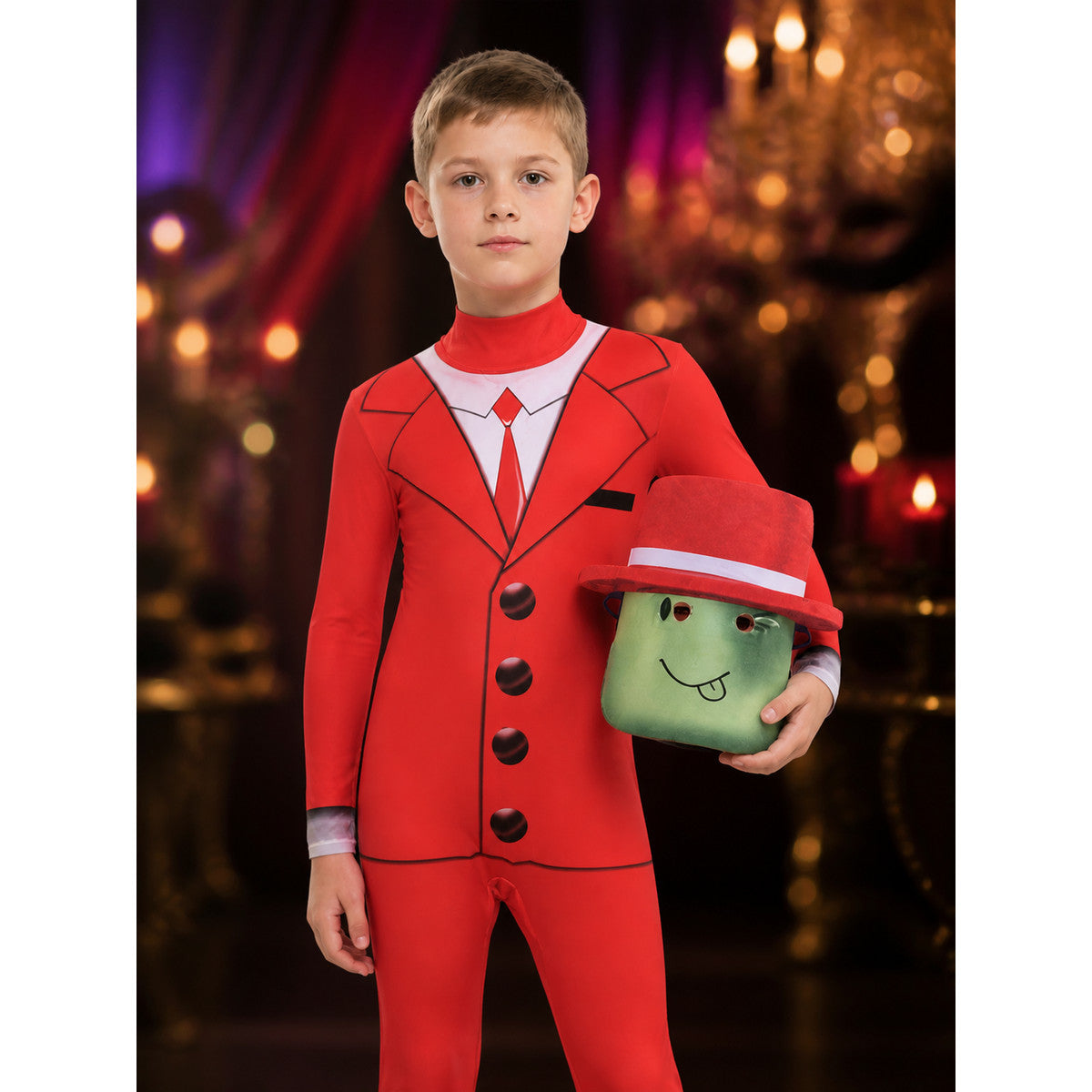 Kids Roblox Concierge Costume Jumpsuit with Hat, Red Print Halloween Outfit on-model view