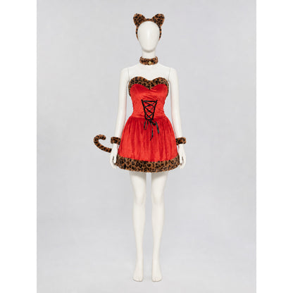 Cosplay costume dress with leopard-print trim