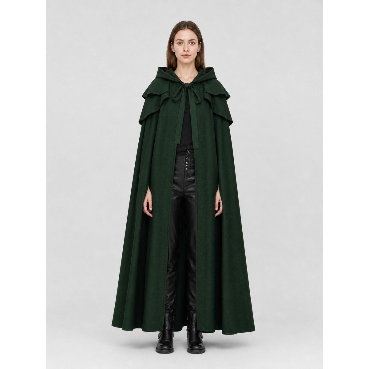 Long Green Gothic Hooded Cloak for Cosplay on-model view