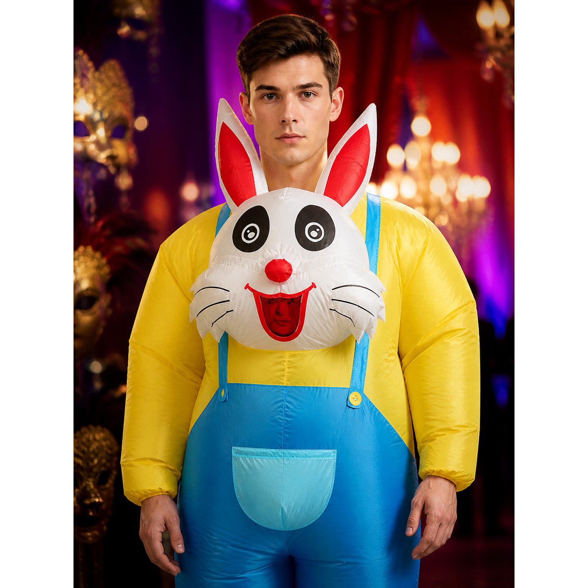 Easter Inflatable Rabbit Costume Jumpsuit with Long Ears and Blue Pocket on-model view
