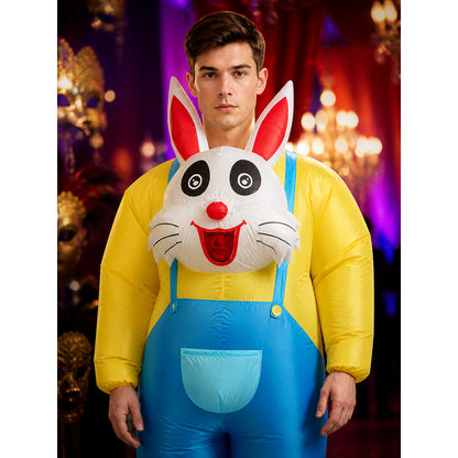 Easter Inflatable Rabbit Costume Jumpsuit with Long Ears and Blue Pocket on-model view