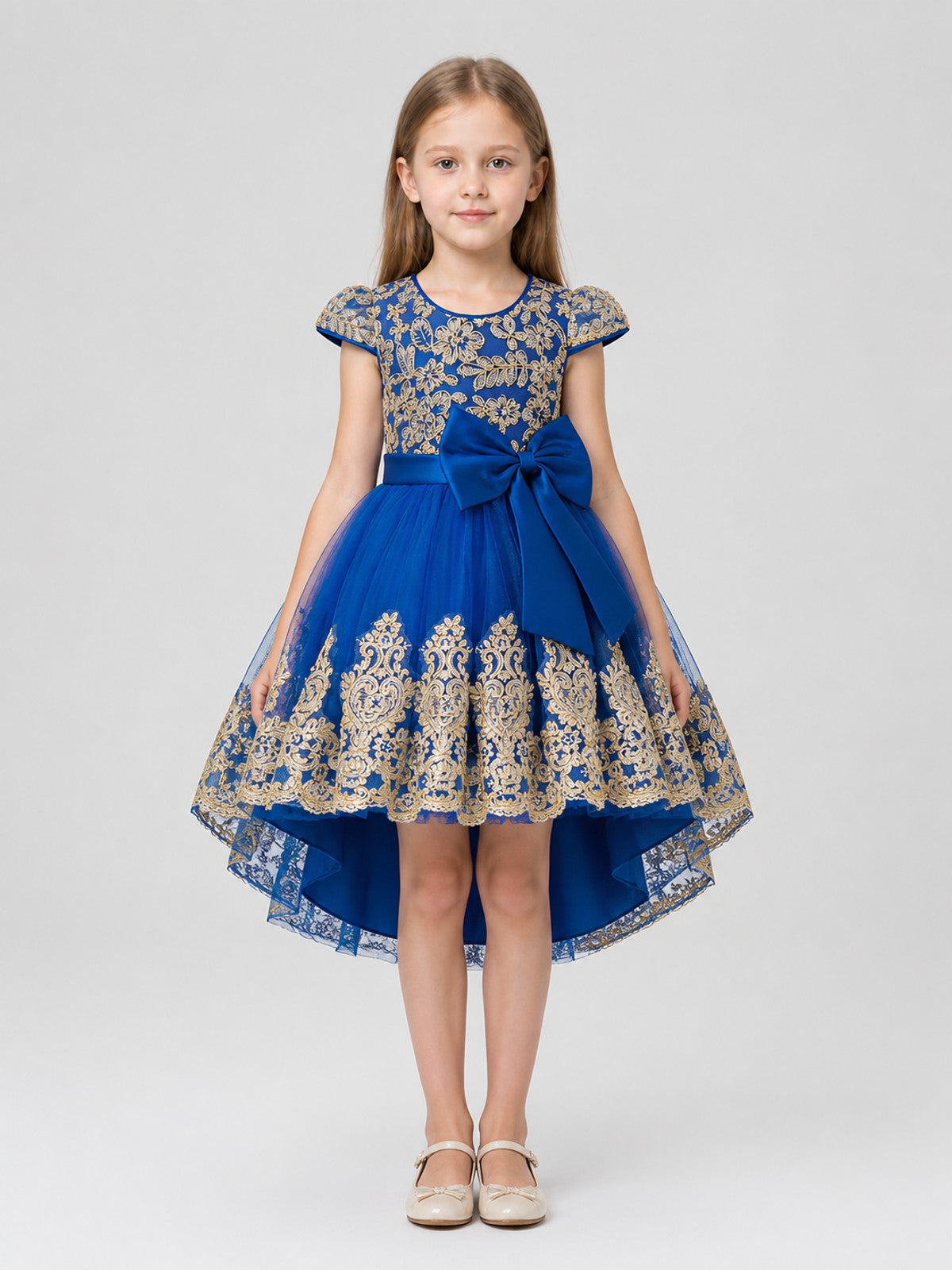 Girls' Full Princess Dress with Embroidery and Train on-model view