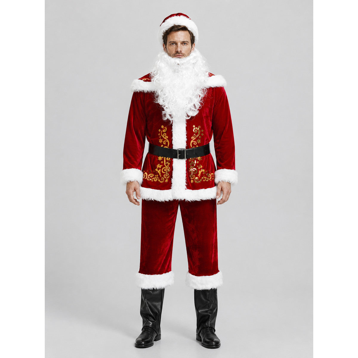 Santa Claus Costume, Red with White Fur Trim and Beard on-model view