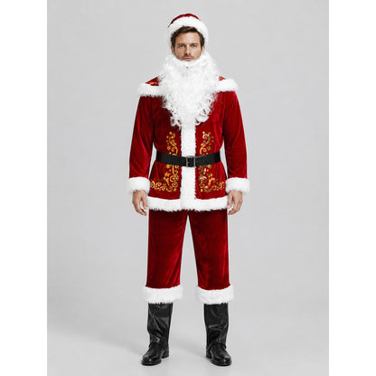 Santa Claus Costume, Red with White Fur Trim and Beard on-model view