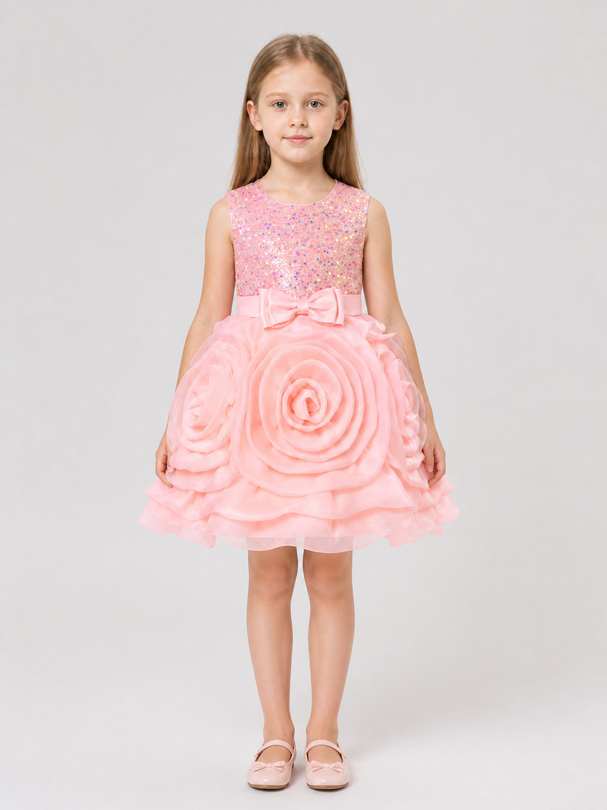 Dressy Princess Dress with Sequins, Roses, and a Bow on-model view