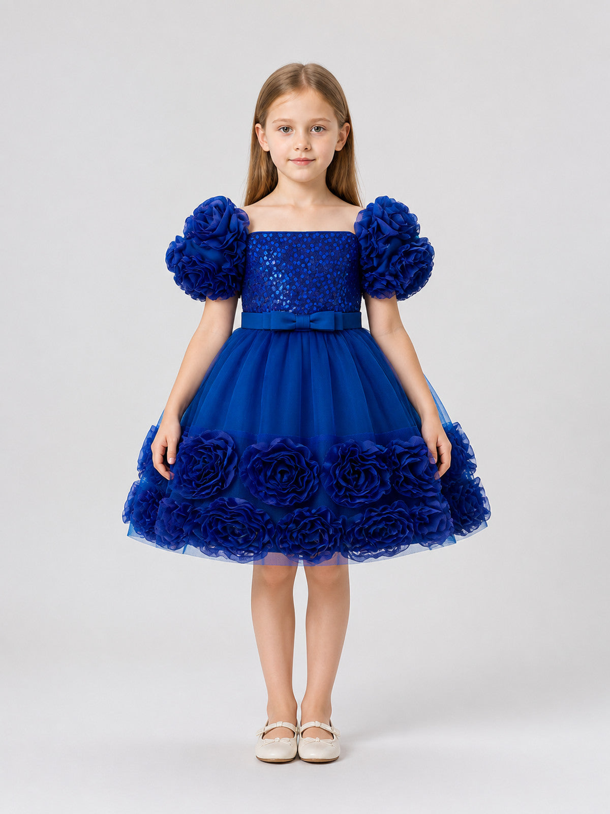 Girls' Puffy Sequin Princess Dress with Bow on-model view