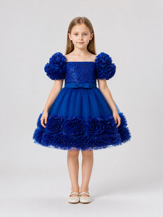Girls' Puffy Sequin Princess Dress with Bow on-model view