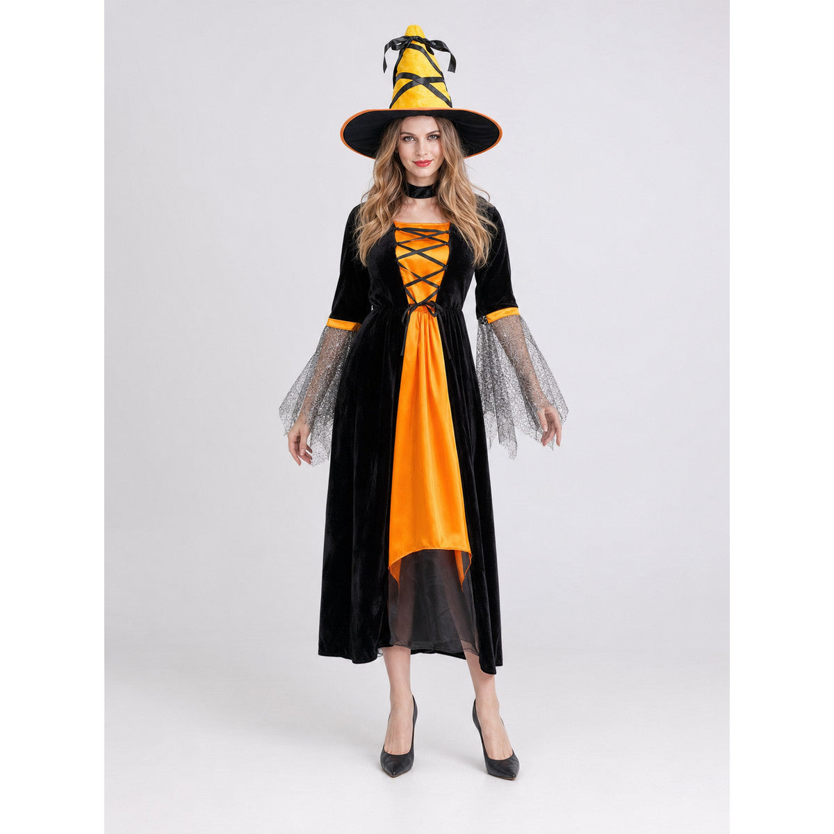 Halloween witch costume with dress and hat on-model view