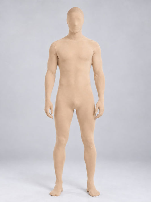 Man wearing a nude full-body stretch bodysuit with attached hood covering the head and face, front view