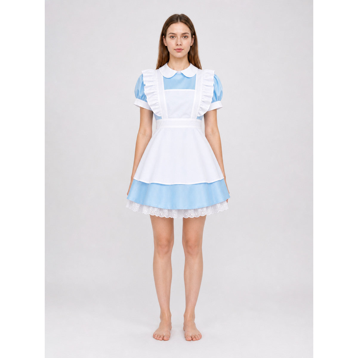 Maid-style costume dress, blue and white front view