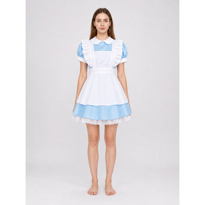Maid-style costume dress, blue and white front view