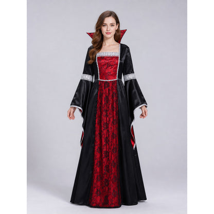 Red and Black Long Dress with Cape and Necklace