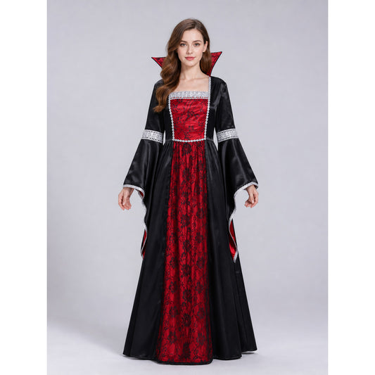 Red and Black Long Dress with Cape and Necklace
