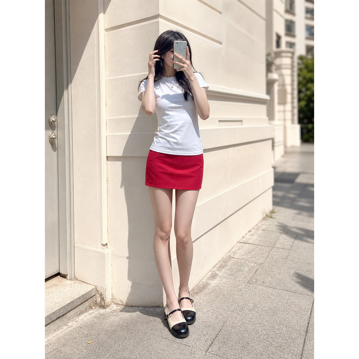 Women's Set: White T-Shirt, Red Skirt, Shoes