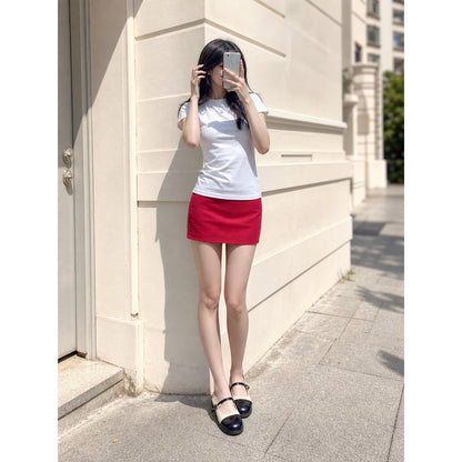 Women's Set: White T-Shirt, Red Skirt, Shoes