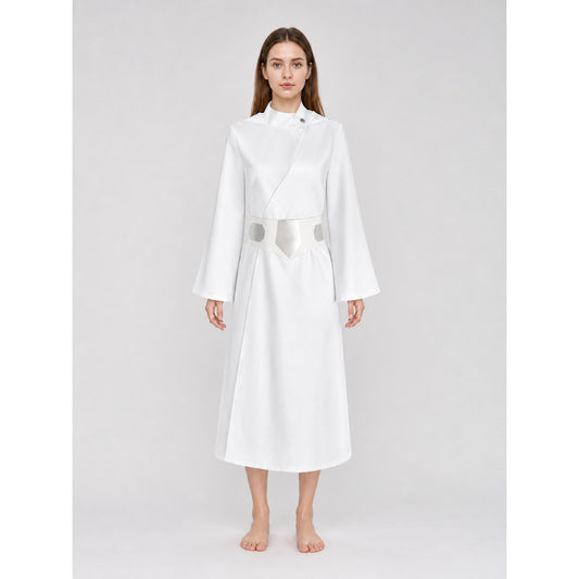 Long White Cosplay Dress with Belt front view