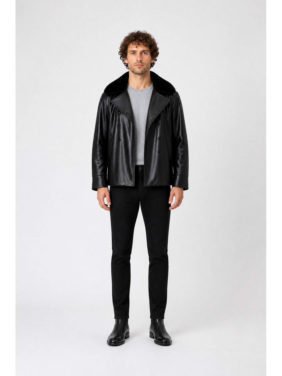 Black Jacket with a Wide Fur Collar