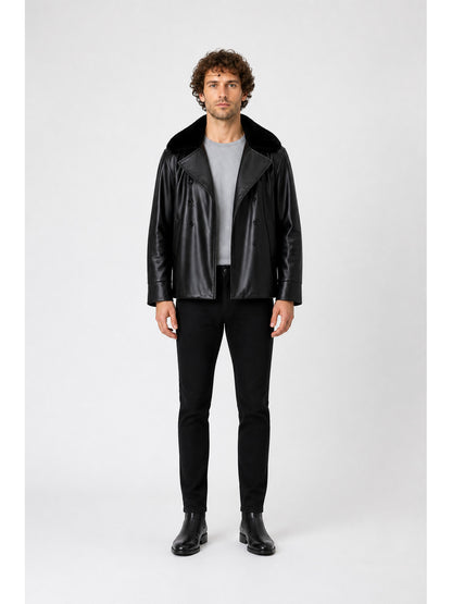 Black Jacket with a Wide Fur Collar