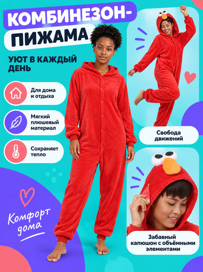 Red Plush Hooded Onesie Pajamas on-model view