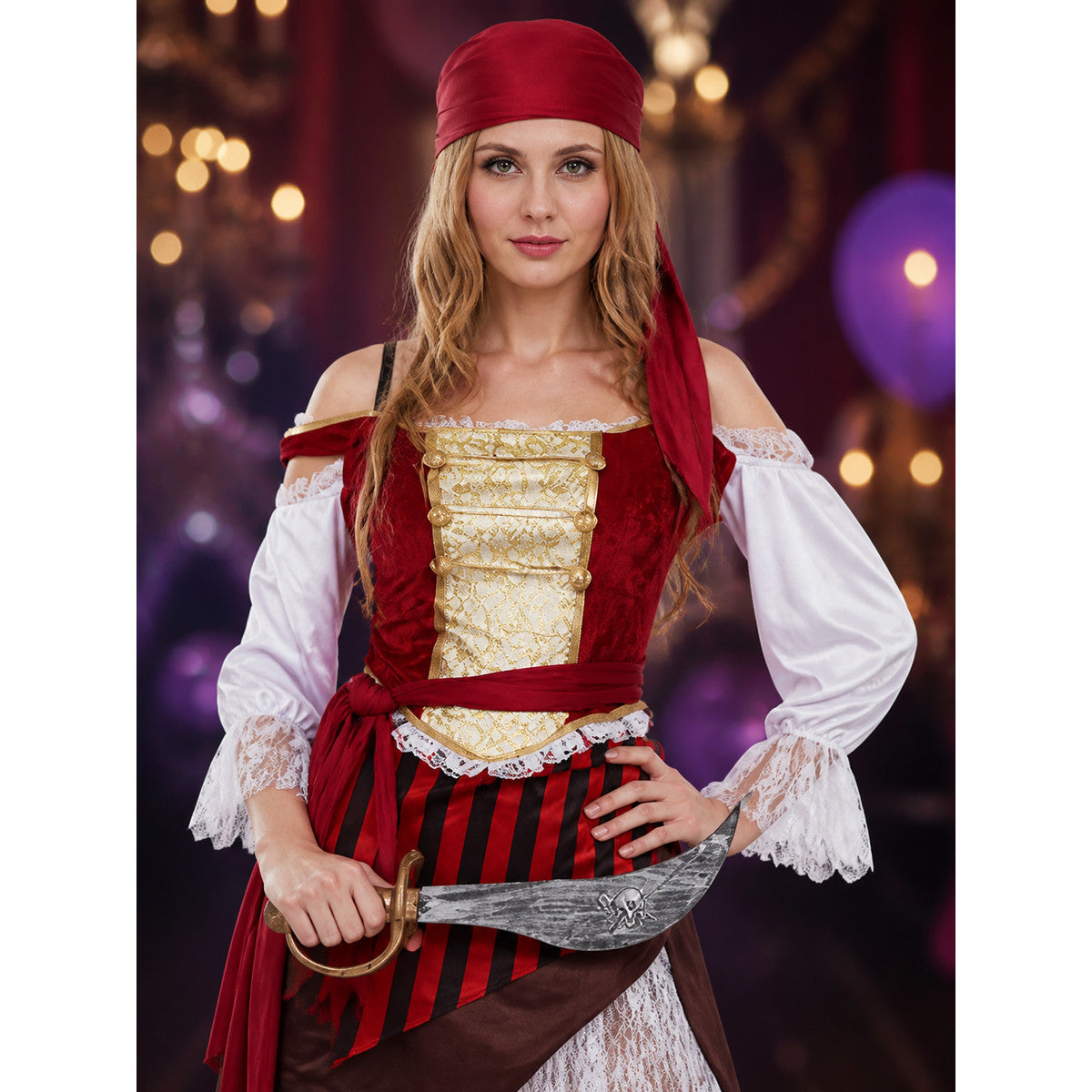 Women's Pirate Costume Set - Red & Black Striped Skirt, Lace Trim, Headband