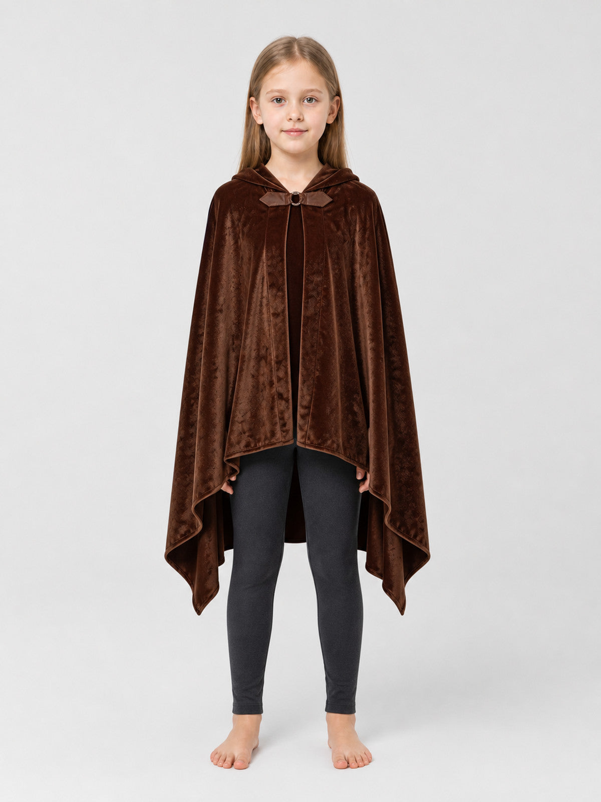 Brown Hooded Cloak Cape with an Asymmetrical Hem on-model view