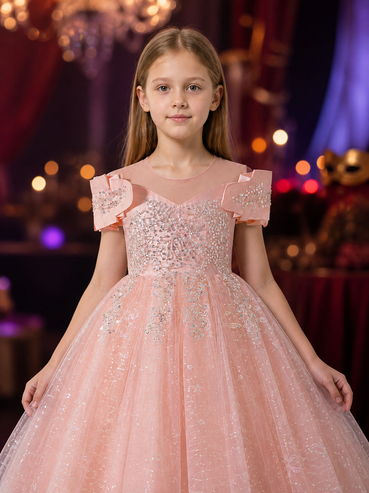 Girls' Pink Princess Dress, Sequined Ruffle-Sleeve Long Formal Gown on-model view