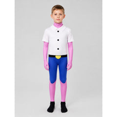 Pim Cosplay Costume Pink Hooded One-Piece Jumpsuit with White Collared Top and Blue Pants