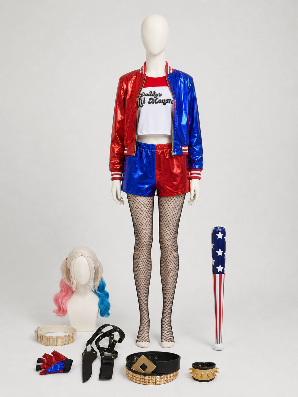 Harley Quinn Cosplay Costume: Jacket, Shorts, and Wig on-model view