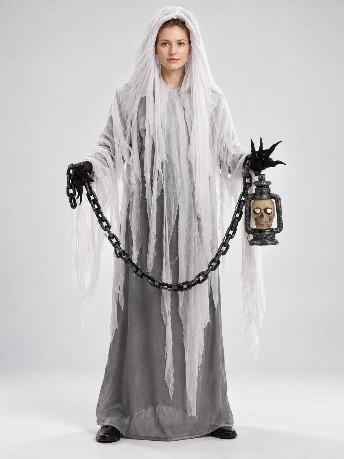 Ghost Costume with Hood, Chain, and Lantern on-model view