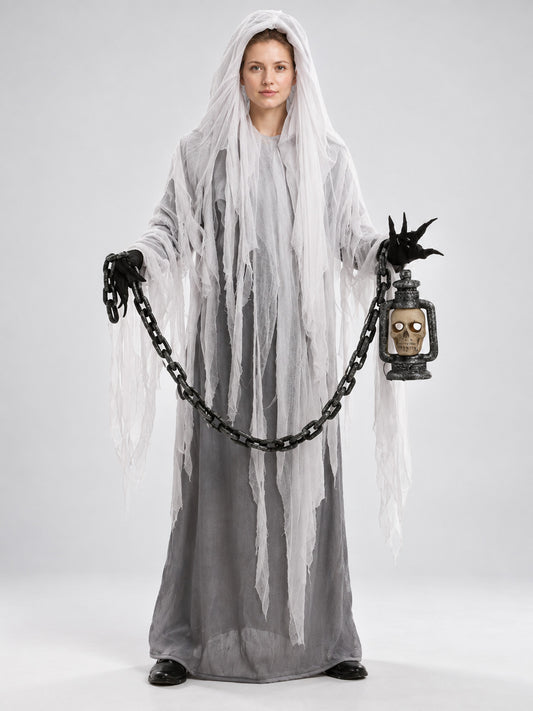 Ghost Costume with Hood, Chain, and Lantern on-model view