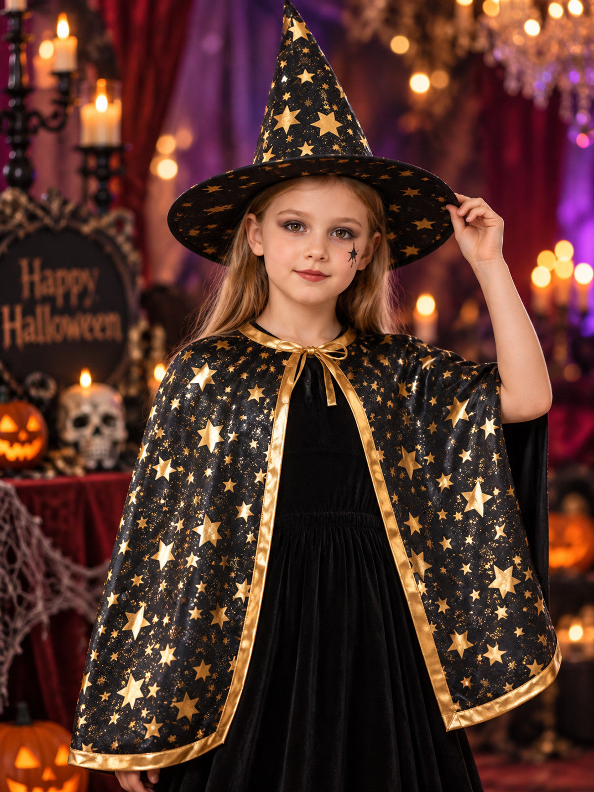 Kids' Costume: Black Cape and Hat with Stars