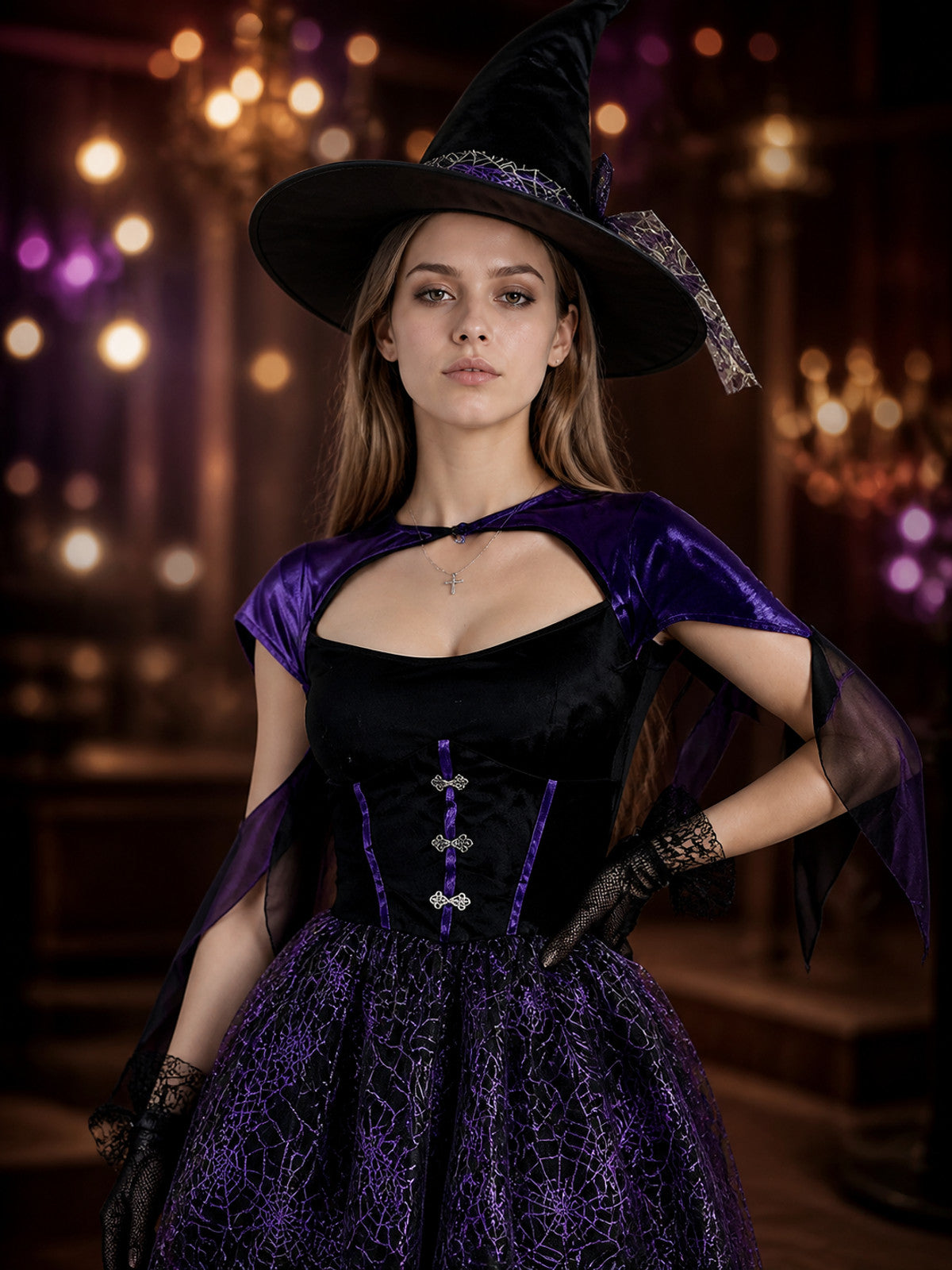 Gothic Witch Costume Dress with Purple Spiderweb Skirt and Fitted Bodice on-model view