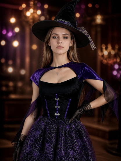 Gothic Witch Costume Dress with Purple Spiderweb Skirt and Fitted Bodice on-model view