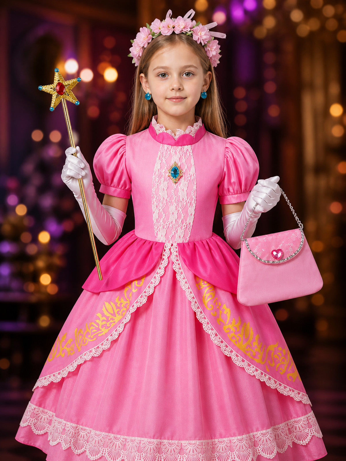 Girls Pink Princess Halloween Costume Dress Set with Magic Wand and Accessories on-model view