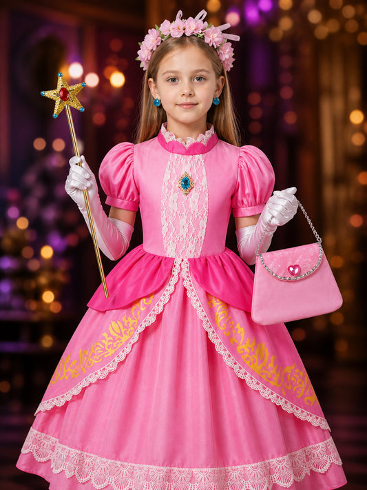 Girls Pink Princess Halloween Costume Dress Set with Magic Wand and Accessories on-model view