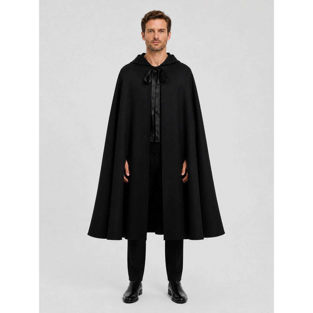 Medieval Black Hooded Cloak of Death on-model view