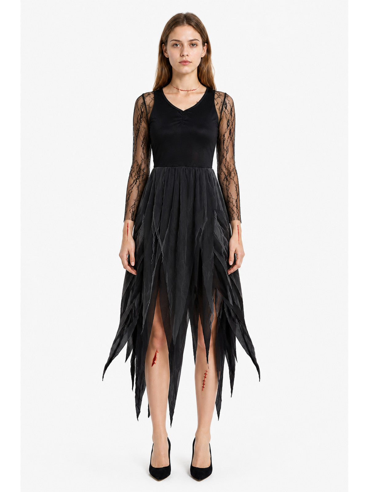 Long Black Gothic Dress with Ripped Hem main product view