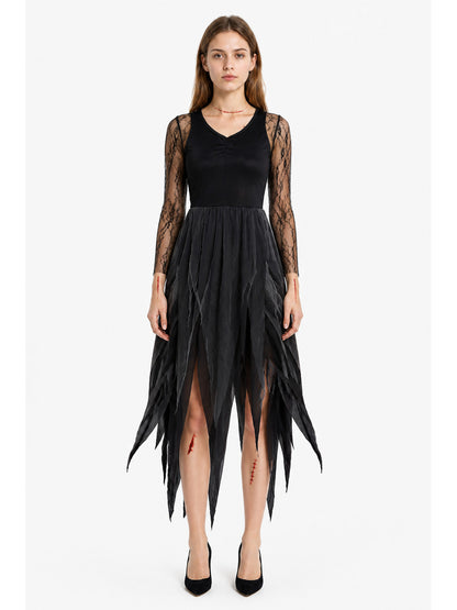 Long Black Gothic Dress with Ripped Hem main product view