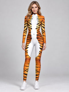 Tiger 3D Print Bodysuit with High Collar