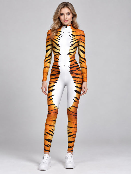 Tiger 3D Print Bodysuit with High Collar
