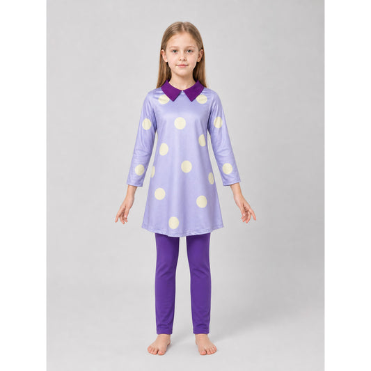 A bright costume set in the style of the character from Inside Out 2 is designed for a themed look and an eye-catching transformation. The set includes a long-sleeve tunic dress, matching leggings, and a headpiece with the character’s face
