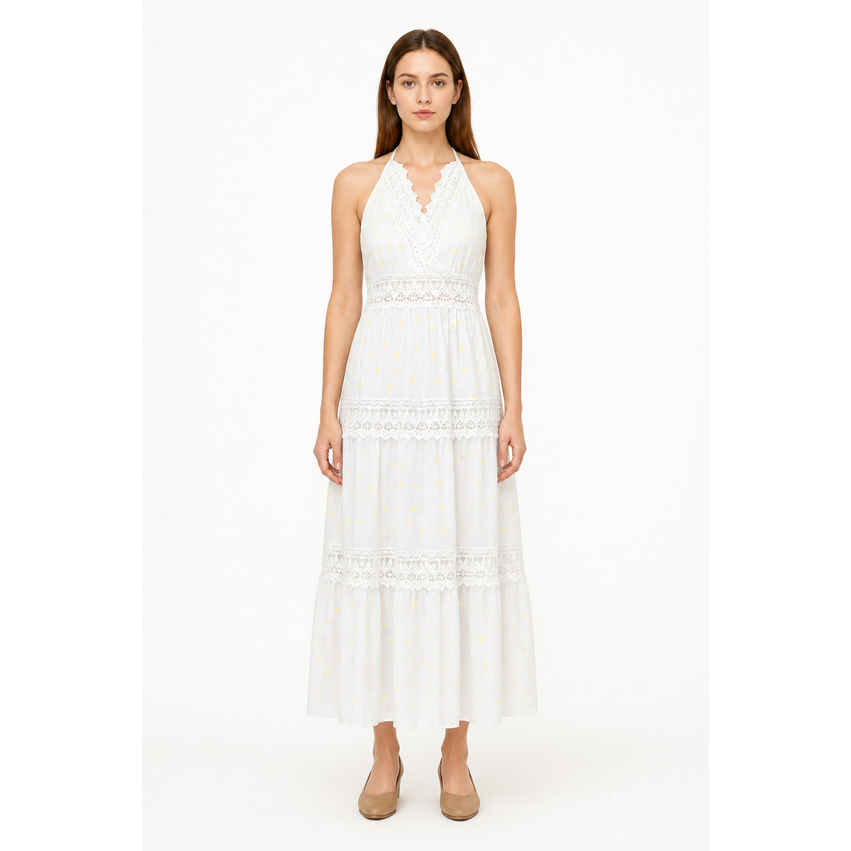 Long White Sleeveless Dress with Lace Trim main product view