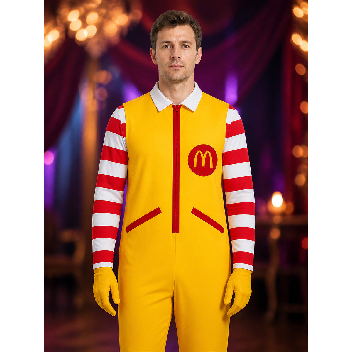 Clown Circus Costume Set, Red White Striped Top, Yellow Jumpsuit and Gloves